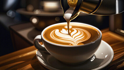 A close-up of a cup of freshly brewed coffee with intricate latte art being prepared by a coffee machine in a cozy, modern cafe setting. Warm lighting enhances the inviting atmosphere.