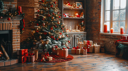 Aufkleber - Christmas tree decorated with red and gold ornaments standing in a cozy living room with fireplace