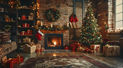 Wall Mural - Cozy living room filled with holiday cheer, complete with a festive tree, presents, and a cozy fireplace