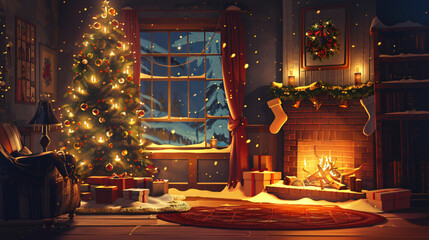 Wall Mural - Festive christmas tree brightening a warm living room with fireplace, gifts, stockings, and snowy window scene