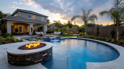 New home beautiful backyard with custom pool with fire pit : Generative AI