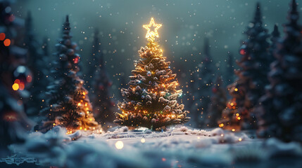 Wall Mural - Christmas tree covered in lights standing in a snowy forest with other trees in the background