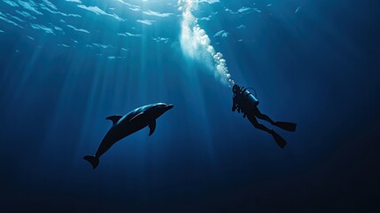 Diver with dolphin in deep sea