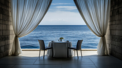 A set table for two people on a terrace overlooking the sea