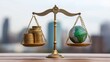 © irissca - Balancing Scale with Coins and Globe, Symbolizing Economic Uncertainty, Global Economy, Wealth Distribution, Financial Balance, and Sustainable Development