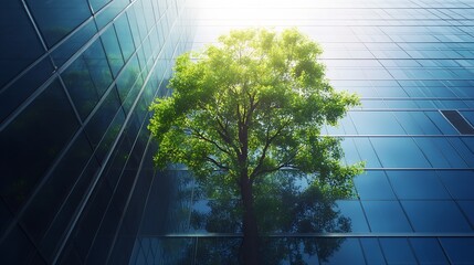 Wall Mural - Ecofriendly building in the modern city Sustainable glass office building with tree for reducing heat and carbon dioxide Office building with green environment Corporate building reduc : Generative AI