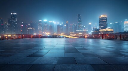 Poster - Empty square floor and bridge with modern city buildings at night in Chongqing : Generative AI