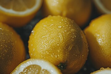 Wall Mural - Close-up of Lemons Covered in Dew Drops