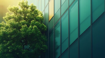 Wall Mural - Sustainble green building Ecofriendly building Sustainable glass office building with tree for reducing carbon dioxide Office with green environment Corporate building reduce CO2 Safet : Generative AI