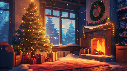 Wall Mural - Christmas tree lighting up a warm living room by the fireplace as snow falls outside the window