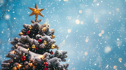 Wall Mural - Christmas tree covered in snow with golden lights and red and gold ornaments is standing in falling snow with blue sky in the background