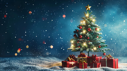 Wall Mural - Festive christmas tree adorned with gifts stands on snowy ground as snowflakes fall from the sky