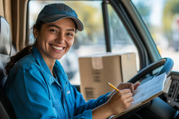 A woman in a delivery uniform smiles and writes in a clipboard while driving a delivery van.