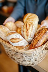 Wall Mural - Assortment of freshly baked bread in wicker basket in bakery shop