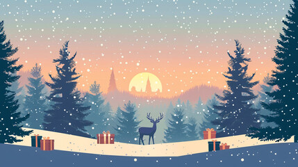 Wall Mural - Snowy christmas scene with pine trees, falling snow, and a deer in a colorful sunset forest setting