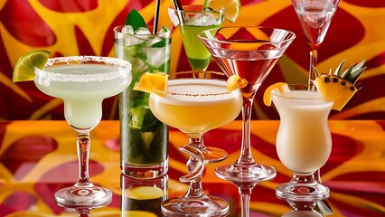 Several glasses of different drinks on bright background