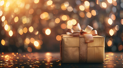 Aufkleber - Golden present box sits on a table with twinkling lights in the background, setting a cozy and celebratory mood