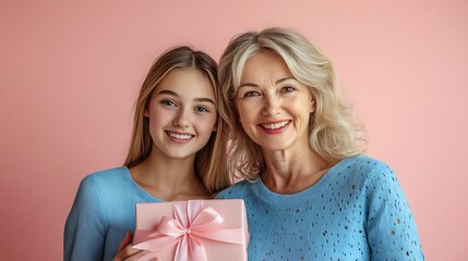 Elder happy parent mom 50s years old young adult daughter two women together wear blue casual clothes hold present box with gift ribbon bow isolated on plain light pink background Fami : Generative AI