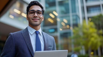 Leinwandbilder - Smiling indian businessman in suit and glasses with laptop near office building : Generative AI