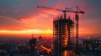 Evening view of a skyscraper under construction with lights in the background