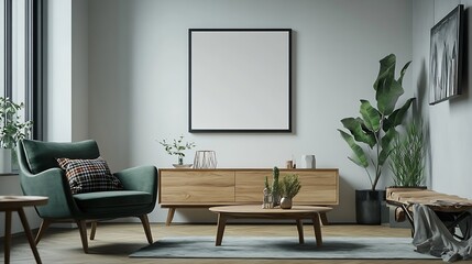 Wall Mural - Interior design of stylish living room with mock up poster frame copy space green armchair round coffee table wooden sideboard brown plaid pillow and personal accessories Home decor Te : Generative AI