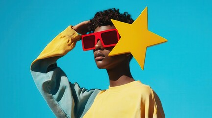 Fashionable individual in colorful outfit with bold accessories