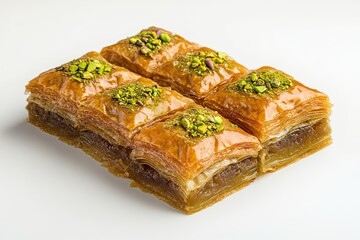 Wall Mural - A close-up shot of nine pieces of baklava, a traditional layered pastry filled with pistachios and syrup, arranged on a white background