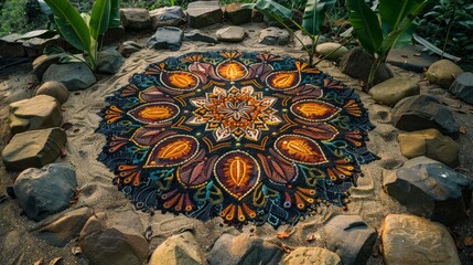 In a sacred space, a dirt mandala is created as an offering to the earth. Each element is selected with intention, creating a powerful visual narrative that honors the interconnectedness of life