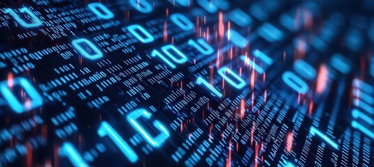 Abstract digital binary code background in vibrant blue and red colors