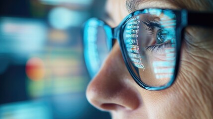 Woman in glasses looks intently at a digital screen with data and code reflecting in the glasses