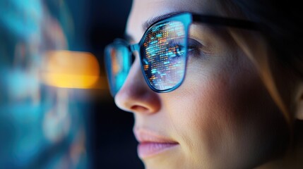 Woman in glasses looks intently at a digital screen with data and code reflecting in the glasses