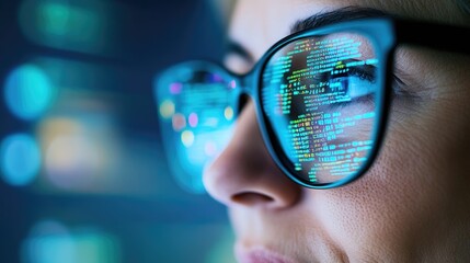 Woman in glasses looks intently at a digital screen with data and code reflecting in the glasses