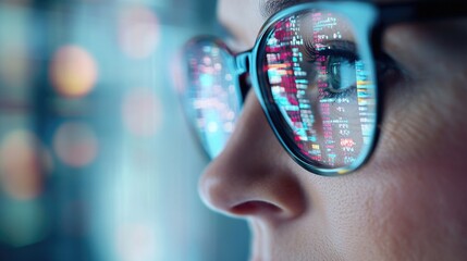 Woman in glasses looks intently at a digital screen with data and code reflecting in the glasses