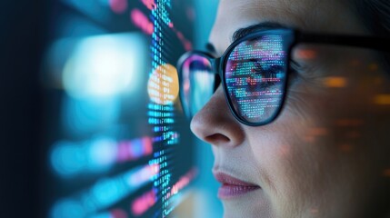 Woman in glasses looks intently at a digital screen with data and code reflecting in the glasses