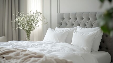 Poster - Luxury empty bedroom interior fragment soft gray headboard and white bedding sheets on wide double bed : Generative AI