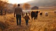 © The Little Hut - Family farm and cattle with a girl and father walking on a field or grass meadow in the agricultural industry Agriculture sustainability and farming with a man farmer and daughter tend : Generative AI