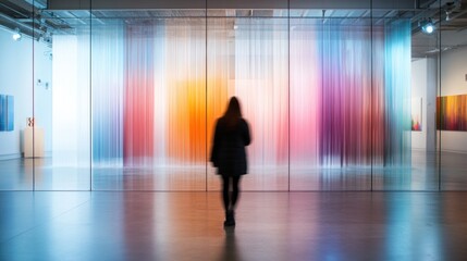 Abstract blurred modern gallery space with colorful lighting and silhouette of people
