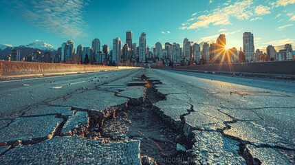 Wall Mural - The asphalt is torn - a crack in the middle of the city road under a bright blue sky