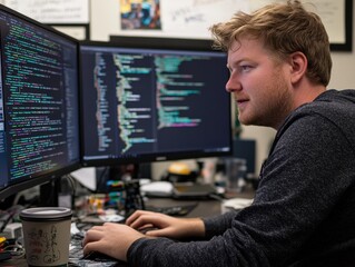 A man programmer is sitting at a desk with two computer monitors in front of him