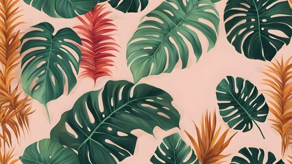 Tropical Leaf Patterns Develop a seamless pattern of Monstera and palm leaves in vibrant natural colors