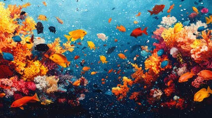 Wall Mural - Vibrant underwater scene featuring colorful coral reefs and diverse fish swimming in crystal-clear blue water.