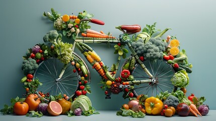 An imaginative and humorous illustration of a bicycle constructed completely of fresh vegetables, signifying a healthy way of living