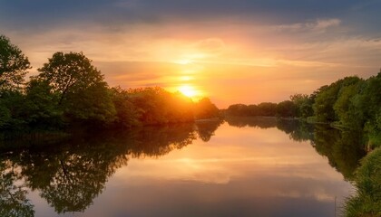 Canvas Print - the sunset reflecting off the surface of a calm river with a softly blurred background of surrounding trees and sky