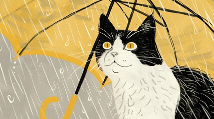 Sticker - A black and white cat sitting under an umbrella