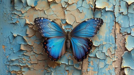 A blue butterfly sitting on an old cracked wall reminds us that true freedom and transformation can emerge even from aging and destruction