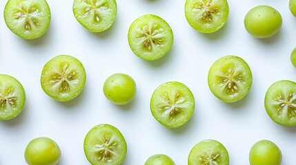 Poster - Green grapes and half sliced isolated on white background Top view Flat lay Grape pattern texture background : Generative AI