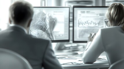 Wall Mural - business professionals analyzing financial data and charts on computer screens in the office