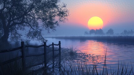 Wall Mural - When the sun sets, it bathes the river in a soft blue-yellow light. The silhouette of the tree and the weathered wooden fence emphasize the calm beauty of the misty lake