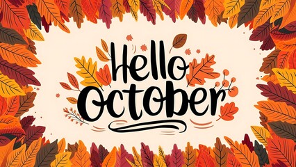 Hello october lettering with leaves frame background