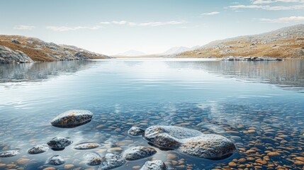 Wall Mural - A serene lake with stones and pebbles, and distant hills, adding a magical detail to this tranquil scene